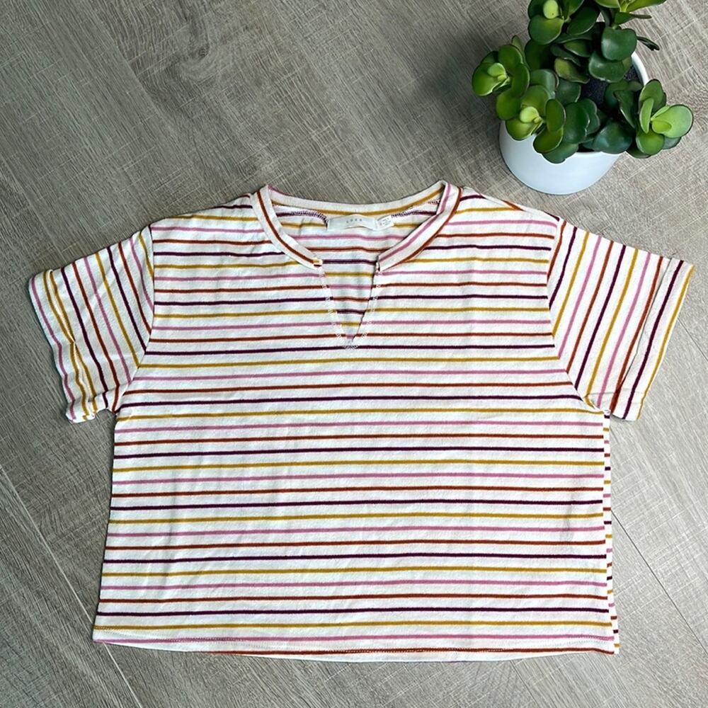 LUSH Rainbow Striped Noched Cropped T-Shirt Women’s